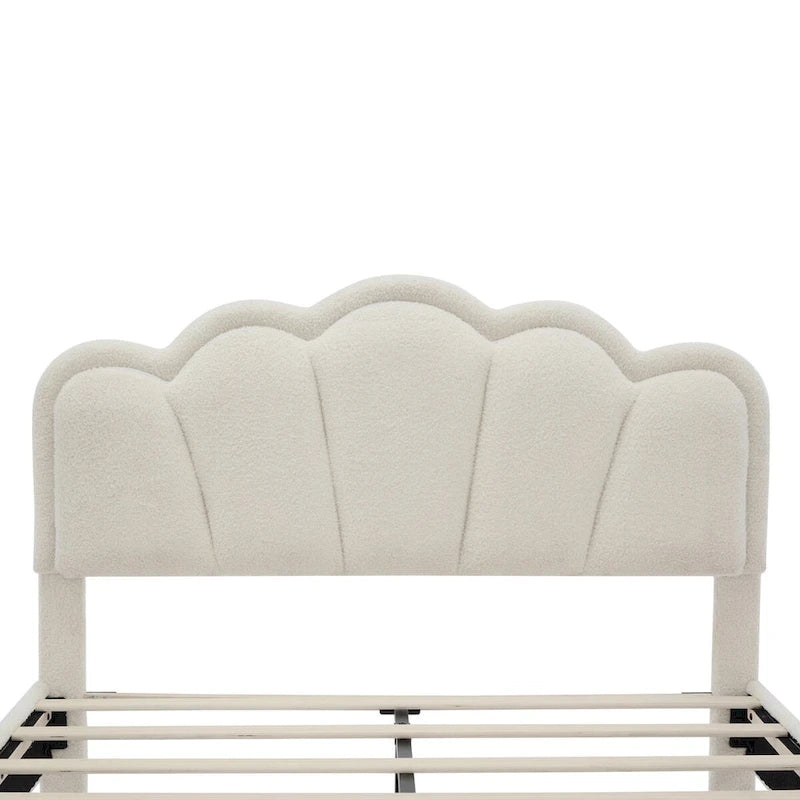 Ensemble de chambre 2 pièces pour lit double/simple : lit plateforme rembourré en forme de fleur avec éclairage LED et pouf de rangement en tissu sherpa