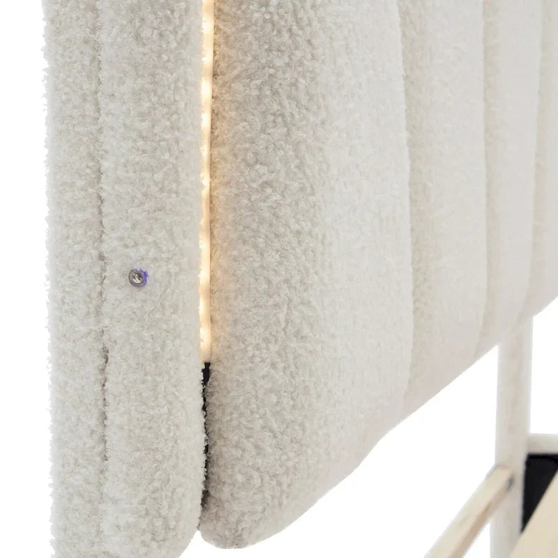 Ensemble de chambre 2 pièces pour lit double/simple : lit plateforme rembourré en forme de fleur avec éclairage LED et pouf de rangement en tissu sherpa