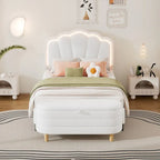 Ensemble de chambre 2 pièces pour lit double/simple : lit plateforme rembourré en forme de fleur avec éclairage LED et pouf de rangement en tissu sherpa