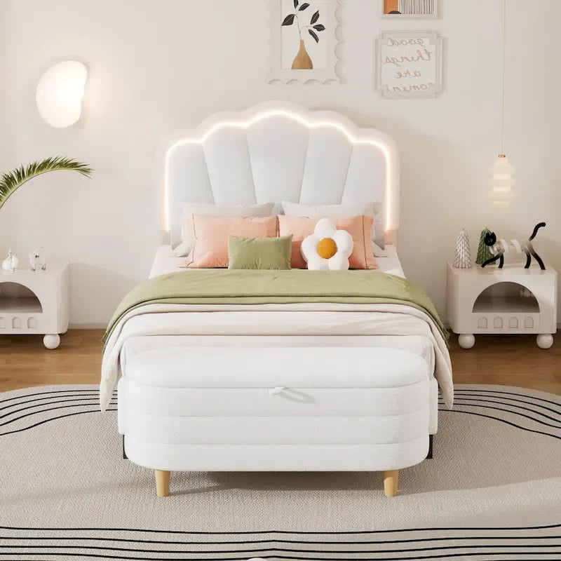 Ensemble de chambre 2 pièces pour lit double/simple : lit plateforme rembourré en forme de fleur avec éclairage LED et pouf de rangement en tissu sherpa