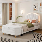 Ensemble de chambre 2 pièces pour lit double/simple : lit plateforme rembourré en forme de fleur avec éclairage LED et pouf de rangement en tissu sherpa