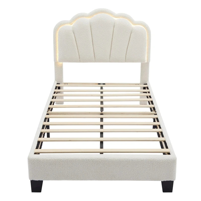 Ensemble de chambre 2 pièces pour lit double/simple : lit plateforme rembourré en forme de fleur avec éclairage LED et pouf de rangement en tissu sherpa