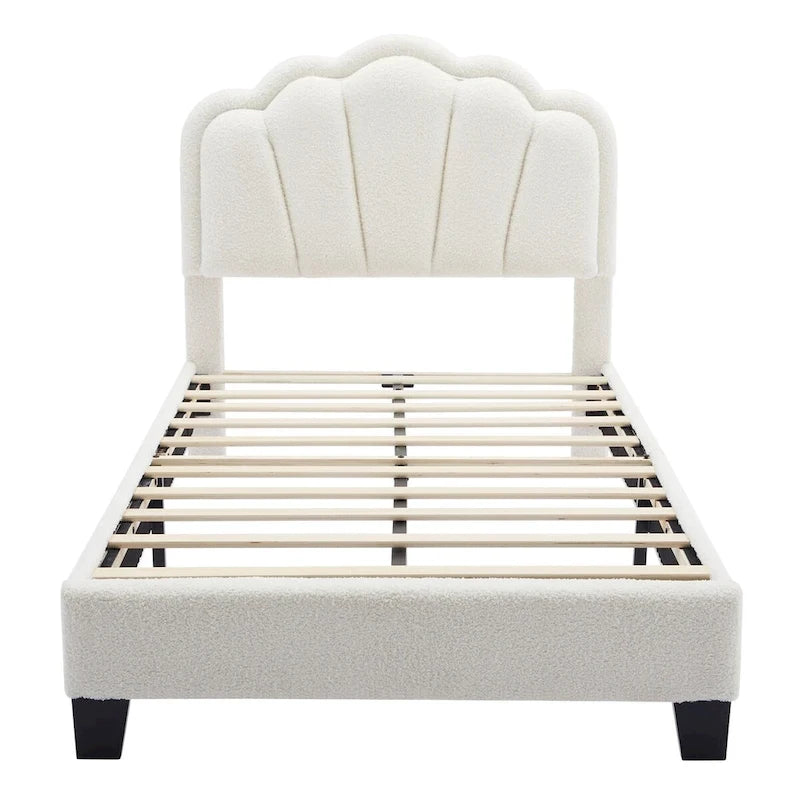 Ensemble de chambre 2 pièces pour lit double/simple : lit plateforme rembourré en forme de fleur avec éclairage LED et pouf de rangement en tissu sherpa