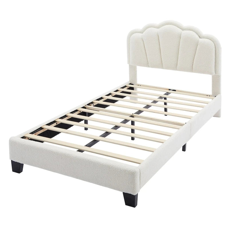 Ensemble de chambre 2 pièces pour lit double/simple : lit plateforme rembourré en forme de fleur avec éclairage LED et pouf de rangement en tissu sherpa