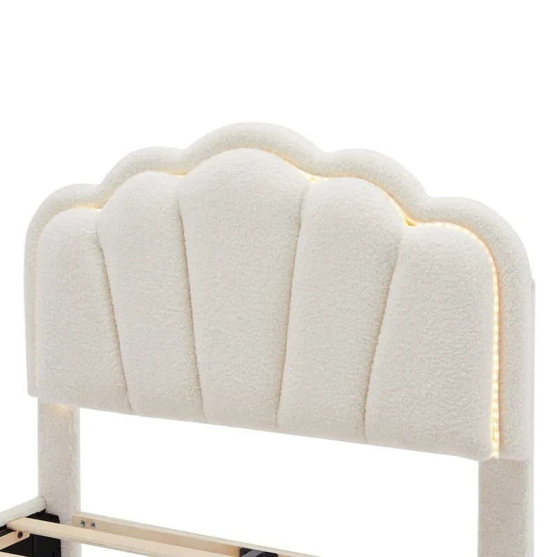 Ensemble de chambre 2 pièces pour lit double/simple : lit plateforme rembourré en forme de fleur avec éclairage LED et pouf de rangement en tissu sherpa