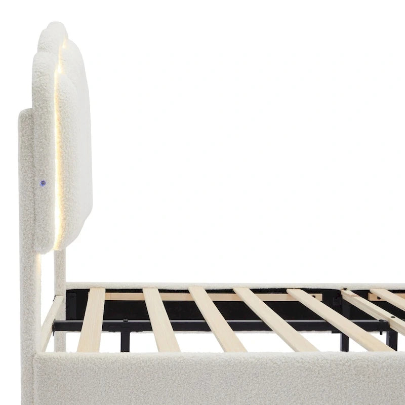 Ensemble de chambre 2 pièces pour lit double/simple : lit plateforme rembourré en forme de fleur avec éclairage LED et pouf de rangement en tissu sherpa
