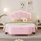 Ensemble de chambre 2 pièces pour lit double/simple : lit plateforme rembourré en forme de fleur avec éclairage LED et pouf de rangement en tissu sherpa