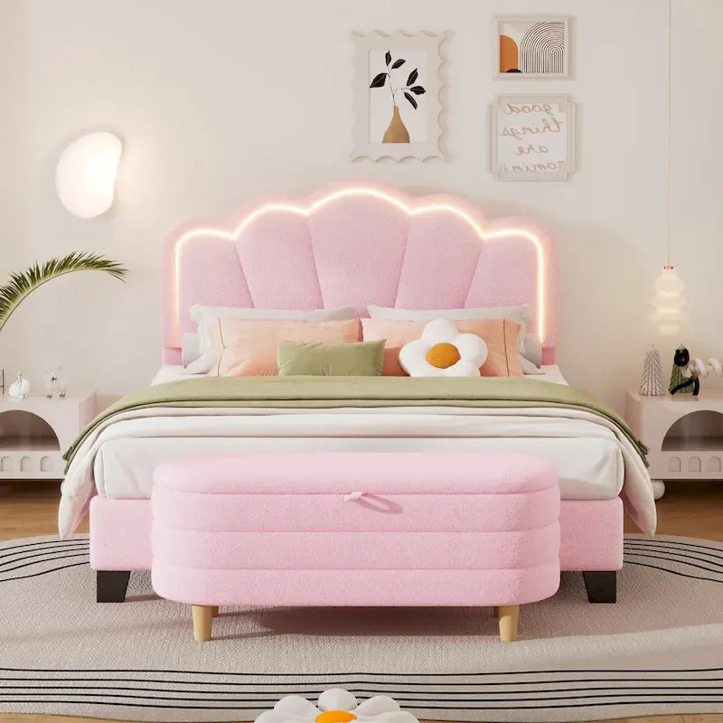 Ensemble de chambre 2 pièces pour lit double/simple : lit plateforme rembourré en forme de fleur avec éclairage LED et pouf de rangement en tissu sherpa