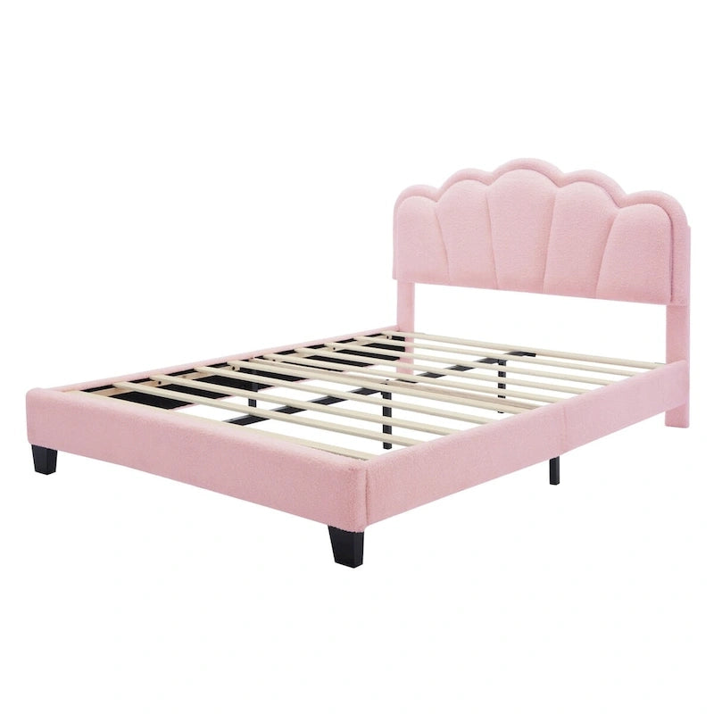 Ensemble de chambre 2 pièces pour lit double/simple : lit plateforme rembourré en forme de fleur avec éclairage LED et pouf de rangement en tissu sherpa
