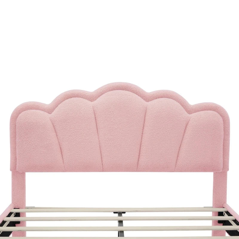 Ensemble de chambre 2 pièces pour lit double/simple : lit plateforme rembourré en forme de fleur avec éclairage LED et pouf de rangement en tissu sherpa