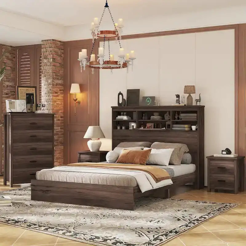 Ensemble de chambre à coucher 4 pièces : cadre de lit vintage en bois, format queen, avec 2 tables de chevet et 1 commode