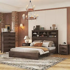 Ensemble de chambre à coucher 4 pièces : cadre de lit vintage en bois, format queen, avec 2 tables de chevet et 1 commode