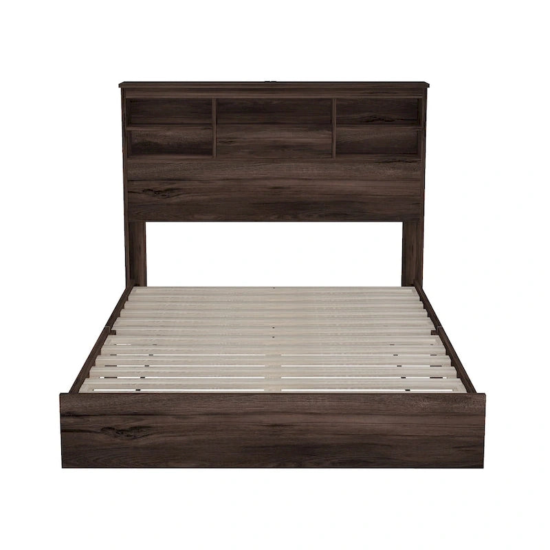 Ensemble de chambre à coucher 4 pièces : cadre de lit vintage en bois, format queen, avec 2 tables de chevet et 1 commode