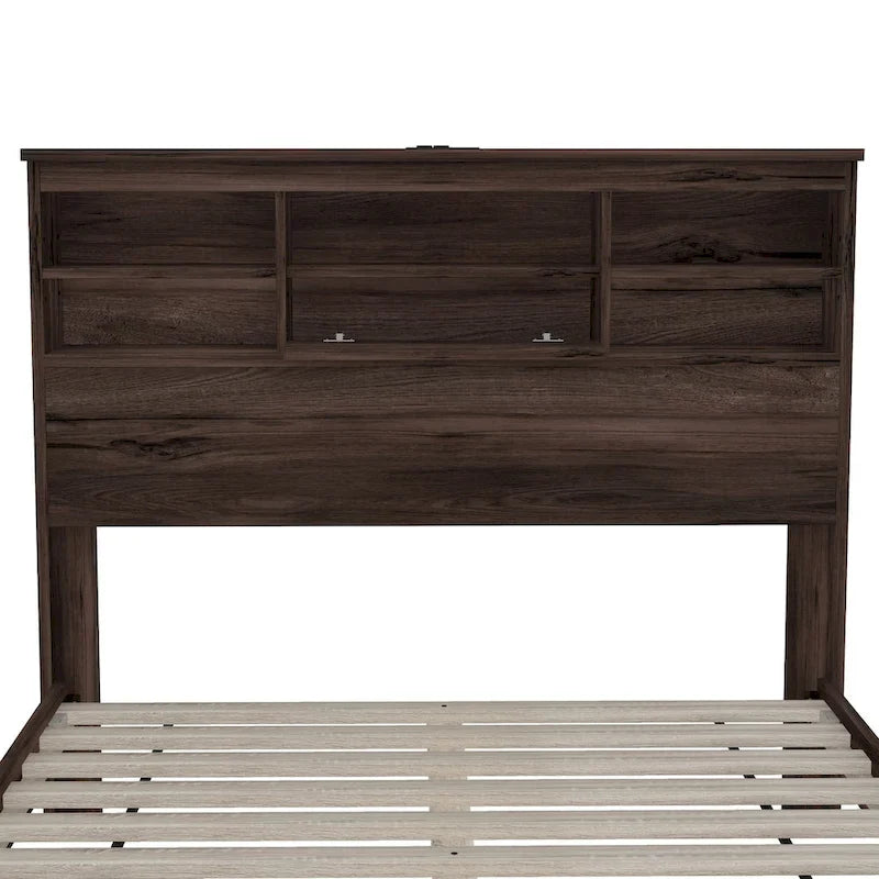 Ensemble de chambre à coucher 4 pièces : cadre de lit vintage en bois, format queen, avec 2 tables de chevet et 1 commode