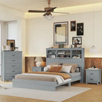 Ensemble de chambre à coucher 4 pièces : cadre de lit vintage en bois, format queen, avec 2 tables de chevet et 1 commode