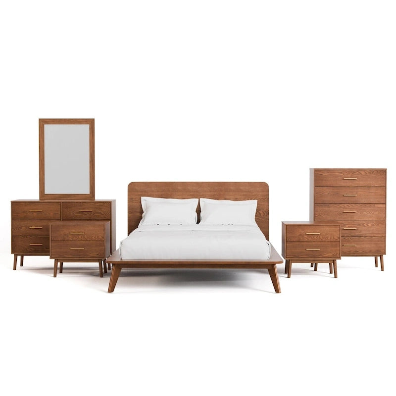 Ensemble de chambre à coucher queen à profil bas en noyer, style milieu du siècle, 6 pièces, de Furniture of America