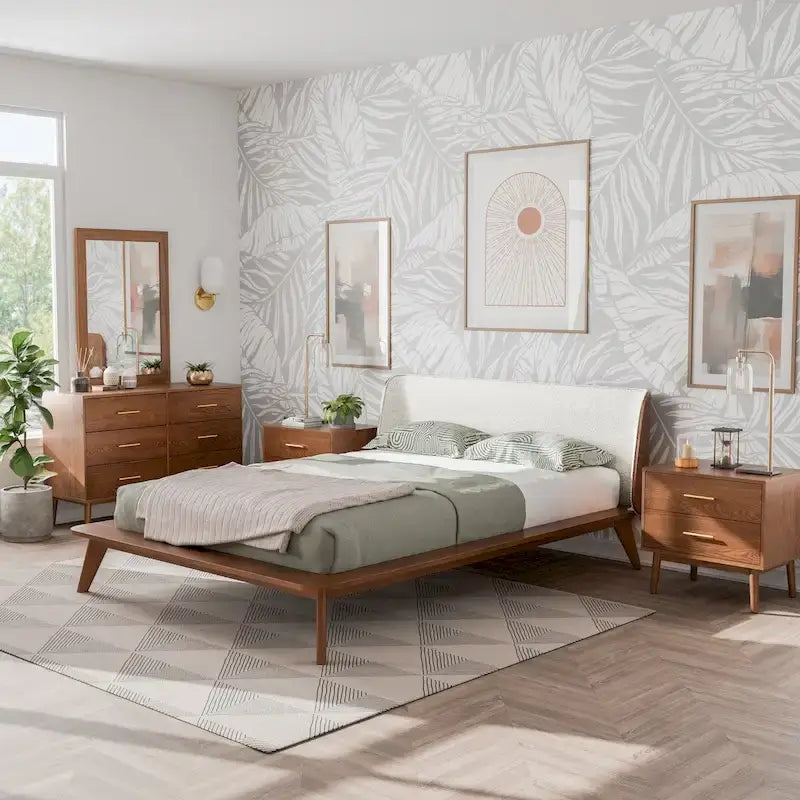 Ensemble de chambre à coucher 5 pièces Beau Midcentury en bouclette avec têtes à oreilles, style Queen, profil bas, de Furniture of America