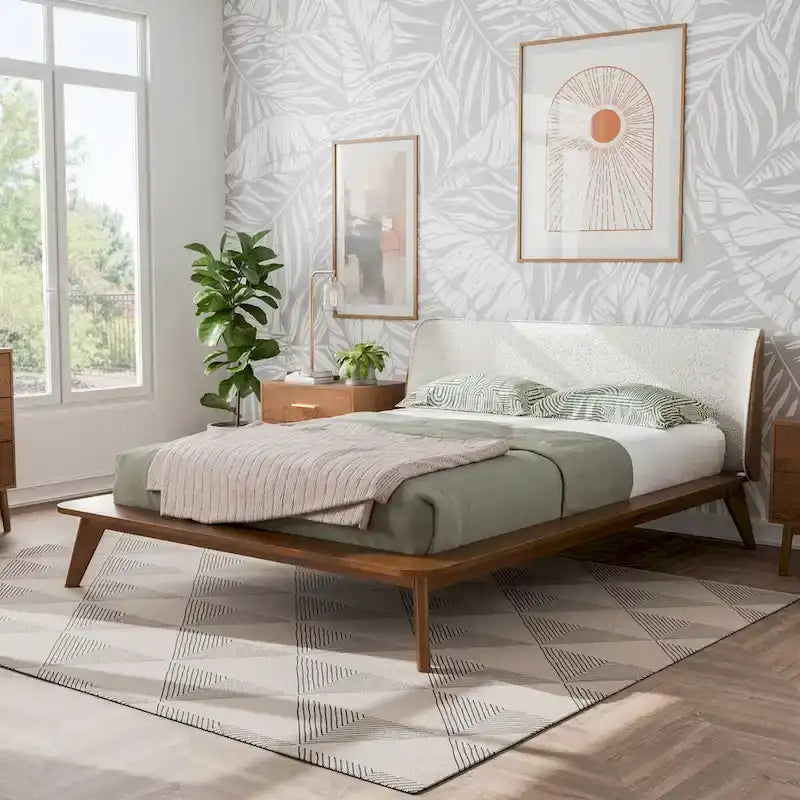 Ensemble de chambre à coucher 5 pièces Beau Midcentury en bouclette avec têtes à oreilles, style Queen, profil bas, de Furniture of America