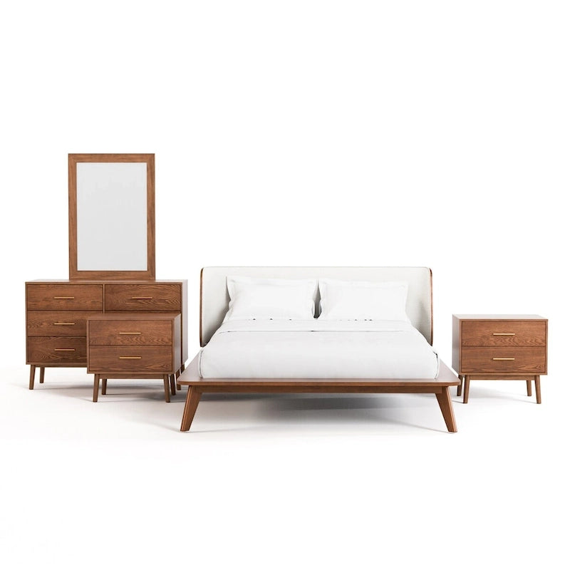 Ensemble de chambre à coucher 5 pièces Beau Midcentury en bouclette avec têtes à oreilles, style Queen, profil bas, de Furniture of America