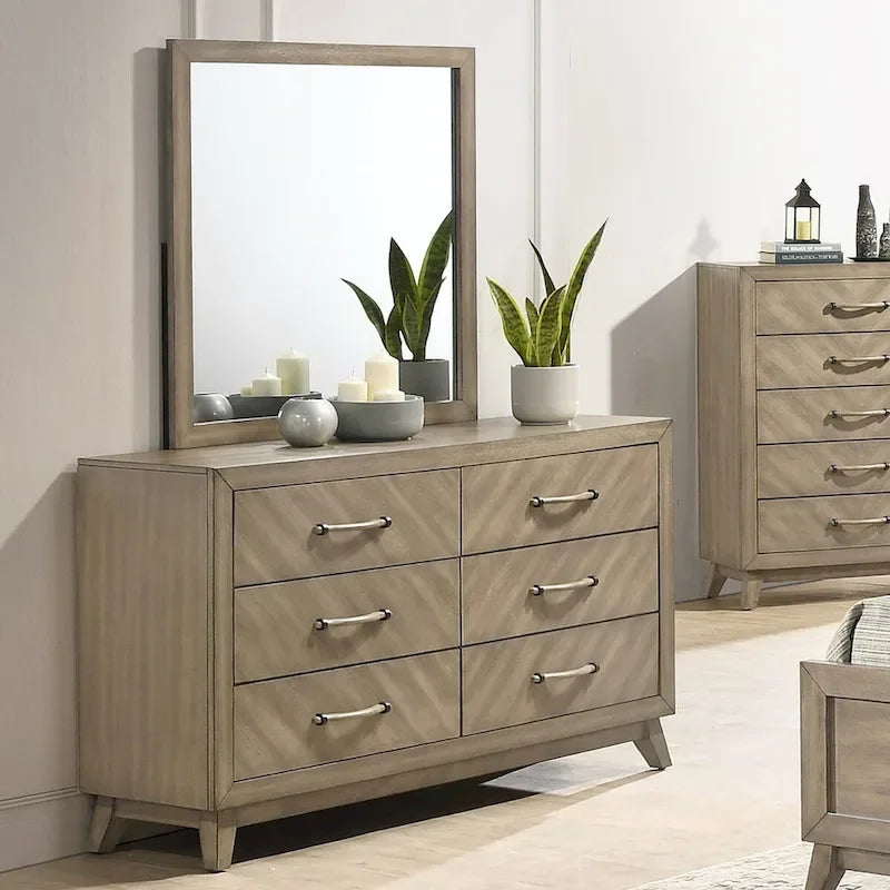 Ensemble de chambre à coucher contemporain en bois Roundhill Furniture Arena : lit à panneaux, commode, miroir, table de chevet, chiffonnier, gris antique