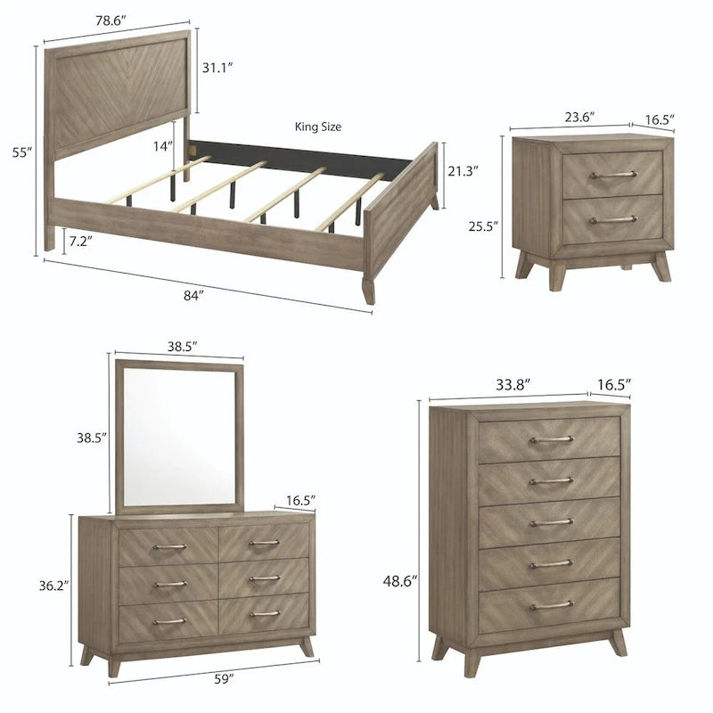 Ensemble de chambre à coucher contemporain en bois Roundhill Furniture Arena : lit à panneaux, commode, miroir, table de chevet, chiffonnier, gris antique