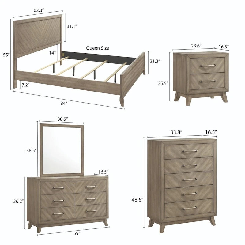 Ensemble de chambre à coucher contemporain en bois Roundhill Furniture Arena : lit à panneaux, commode, miroir, table de chevet, chiffonnier, gris antique