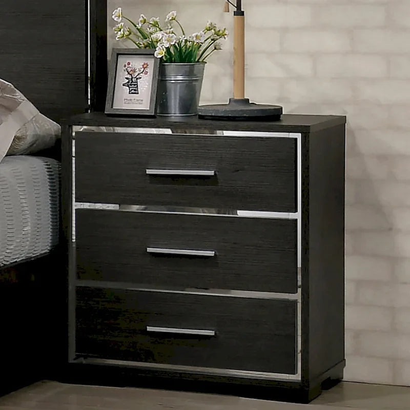 Ensemble de lit, table de chevet et commode 3 pièces gris contemporain Kastela de Furniture of America, avec éclairage LED et ports USB
