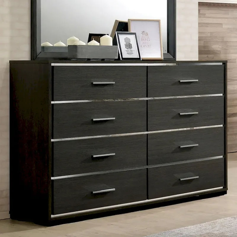 Ensemble de lit, table de chevet et commode 3 pièces gris contemporain Kastela de Furniture of America, avec éclairage LED et ports USB