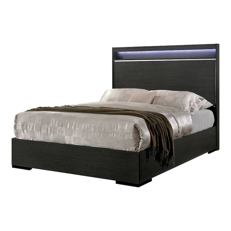 Ensemble de lit, table de chevet et commode 3 pièces gris contemporain Kastela de Furniture of America, avec éclairage LED et ports USB