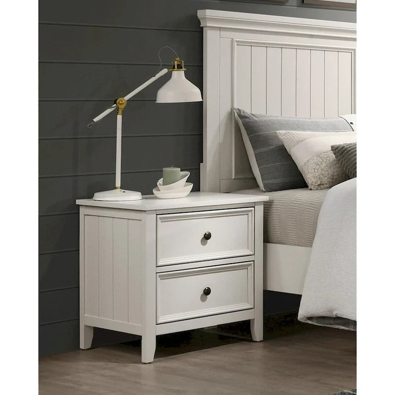 Ensemble de chambre à coucher 3 pièces, finition blanche classique : lit et deux tables de chevet