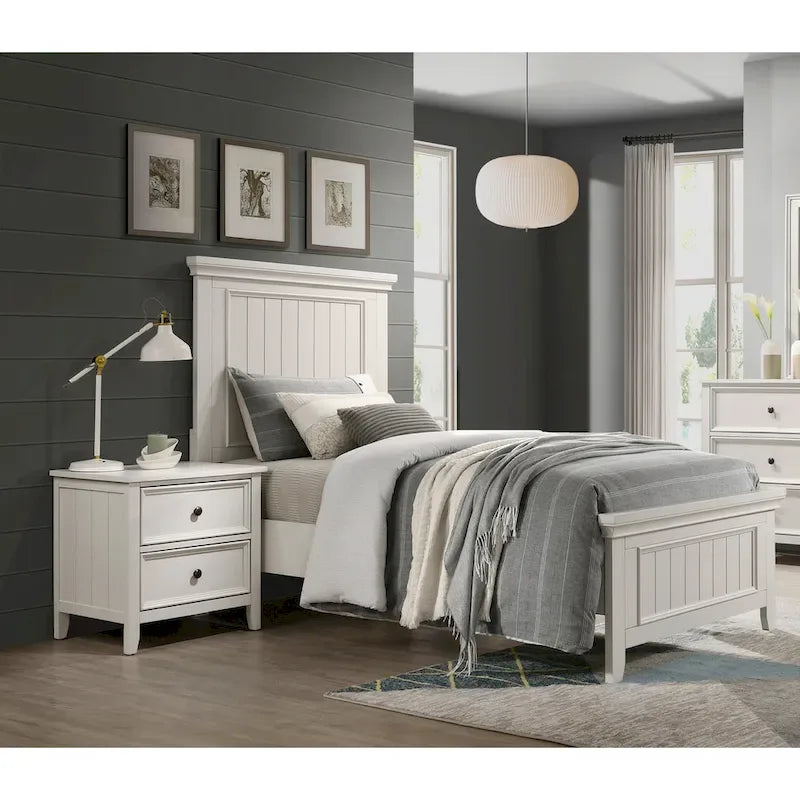 Ensemble de chambre à coucher 3 pièces, finition blanche classique : lit et deux tables de chevet