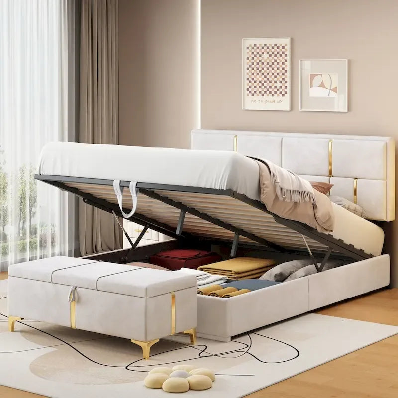 Lit plateforme rembourré Queen Size avec pouf de rangement, ensemble de chambre à coucher 2 pièces