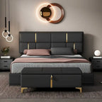 Lit plateforme rembourré Queen Size avec pouf de rangement, ensemble de chambre à coucher 2 pièces