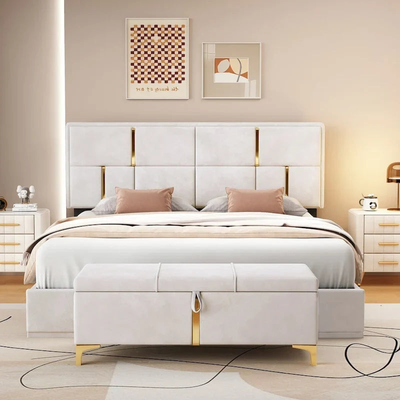 Lit plateforme rembourré Queen Size avec pouf de rangement, ensemble de chambre à coucher 2 pièces