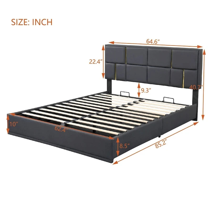 Lit plateforme rembourré Queen Size avec pouf de rangement, ensemble de chambre à coucher 2 pièces