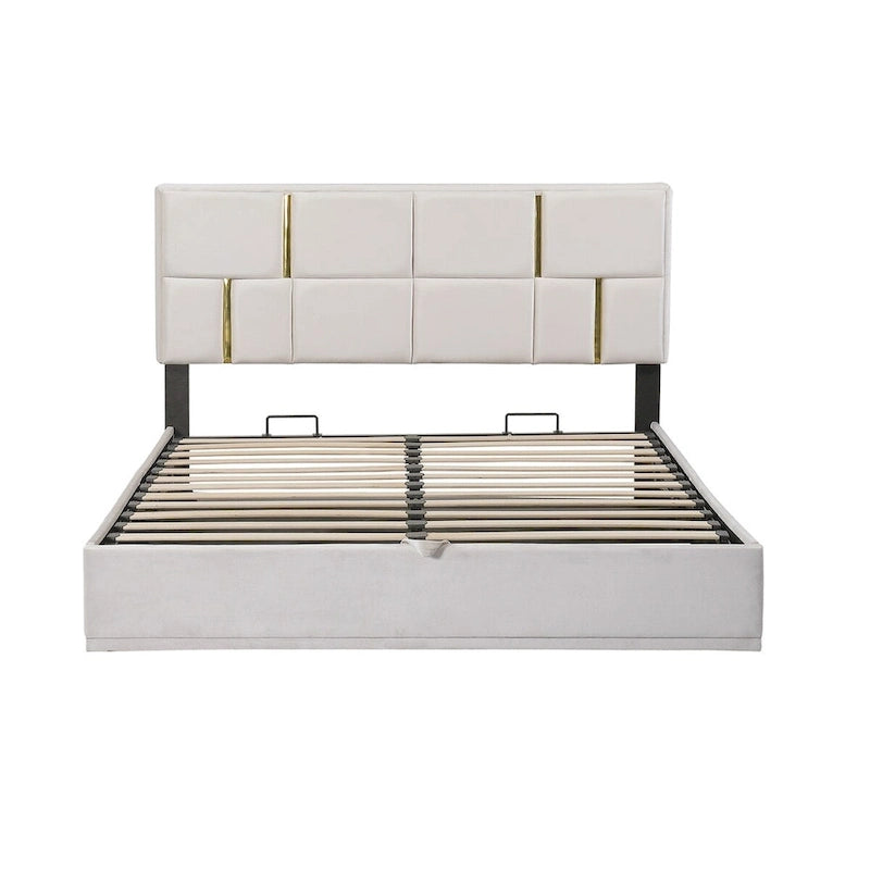 Lit plateforme rembourré Queen Size avec pouf de rangement, ensemble de chambre à coucher 2 pièces