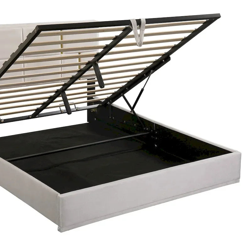 Lit plateforme rembourré Queen Size avec pouf de rangement, ensemble de chambre à coucher 2 pièces