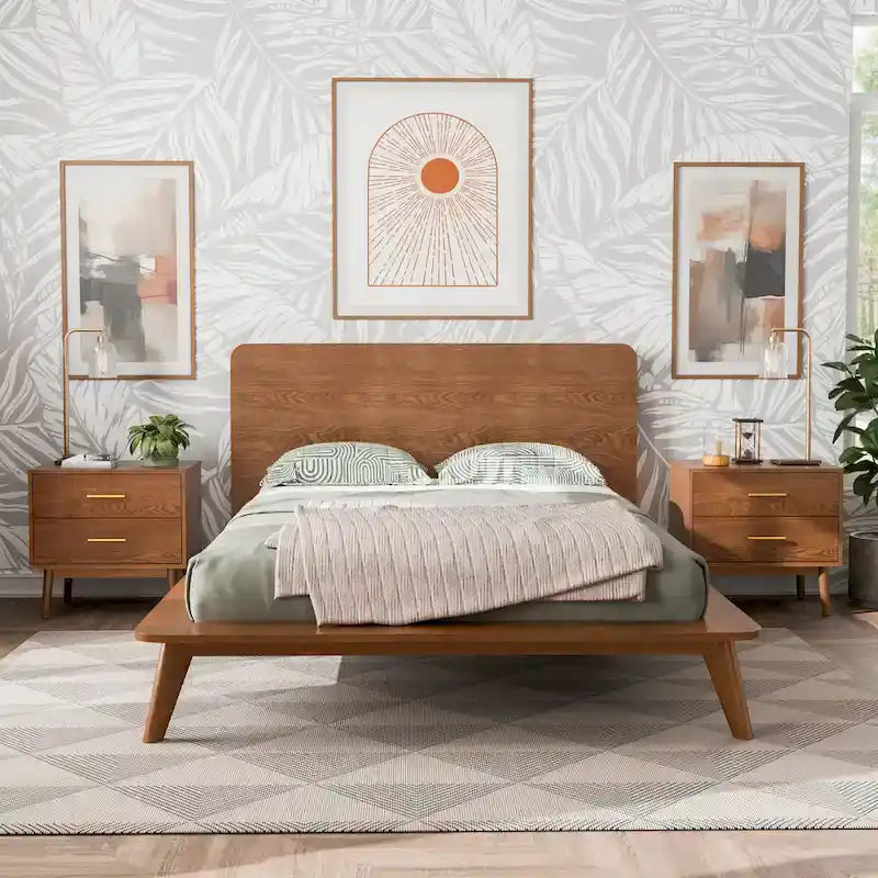 Ensemble de chambre à coucher en bois de style Beau Midcentury de Furniture of America, 3 pièces, en noyer, profil bas