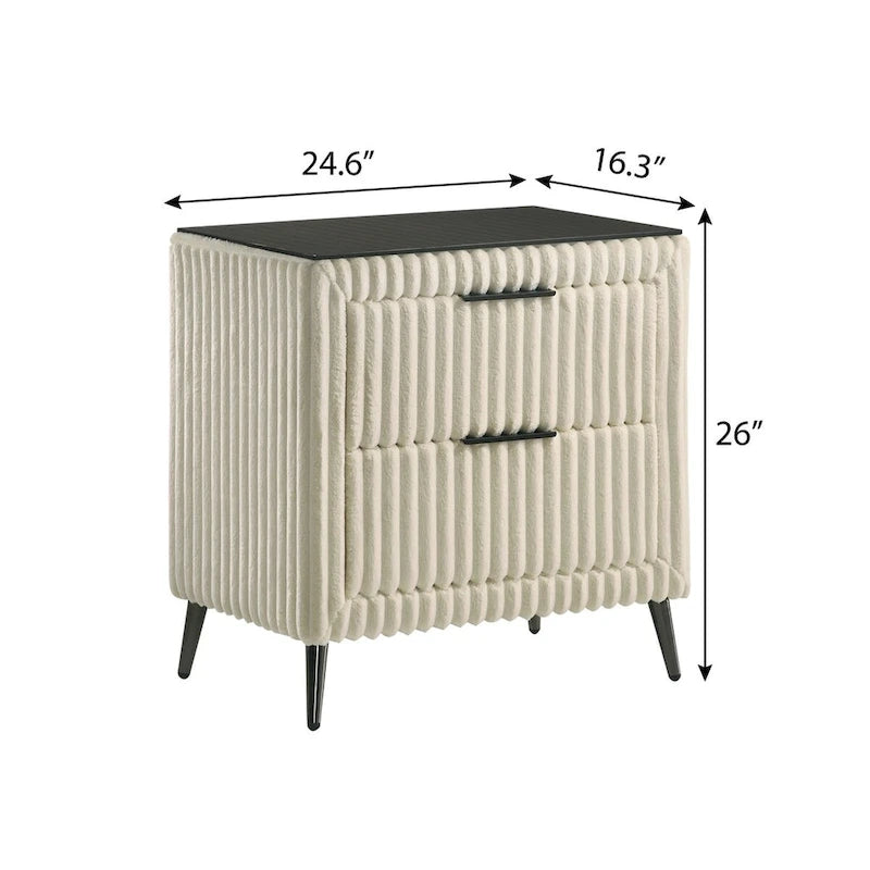 Lit à panneaux rembourrés en velours côtelé à larges côtes Mavela de Roundhill Furniture, avec 2 tables de chevet et un banc, couleur crème