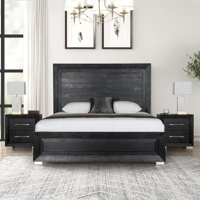 Ensemble de chambre à coucher Alaric de Furniture of America, moderne, en bois massif noir, composé d'un lit 3 pièces et de 2 tables de chevet avec tête de lit à DEL.