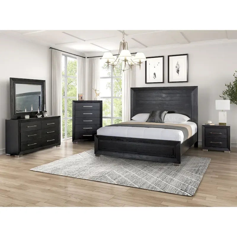 Ensemble de chambre à coucher Alaric de Furniture of America, moderne, en bois massif noir, composé d'un lit 3 pièces et de 2 tables de chevet avec tête de lit à DEL.
