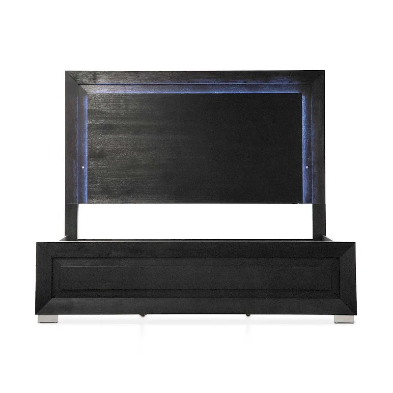 Ensemble de chambre à coucher Alaric de Furniture of America, moderne, en bois massif noir, composé d'un lit 3 pièces et de 2 tables de chevet avec tête de lit à DEL.