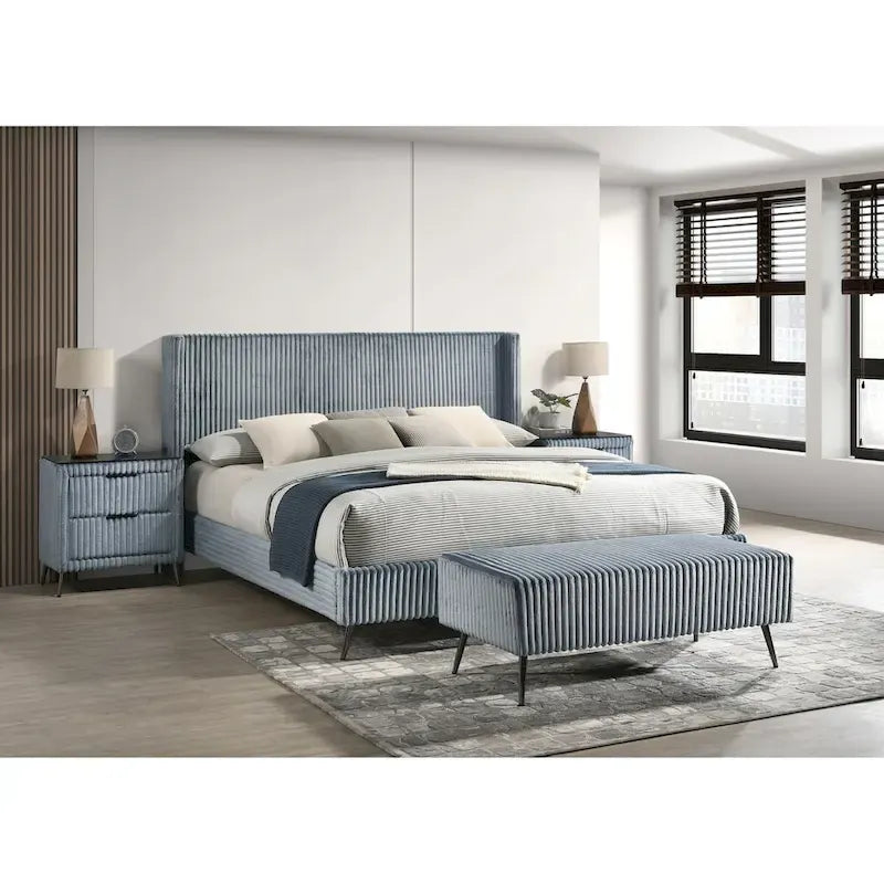 Roundhill Furniture Mavela Wide Wale Corduroy Upholstery Panel Bed with 2 Nightstands and Bench, Blue