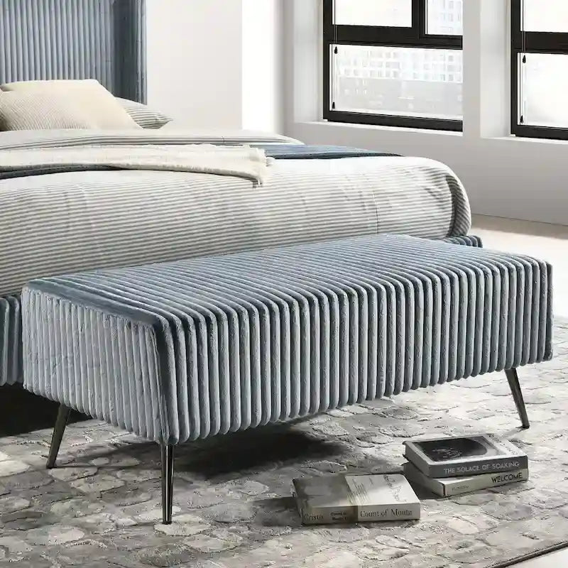 Lit à panneaux rembourrés en velours côtelé à larges côtes Mavela de Roundhill Furniture, avec 2 tables de chevet et un banc, bleu