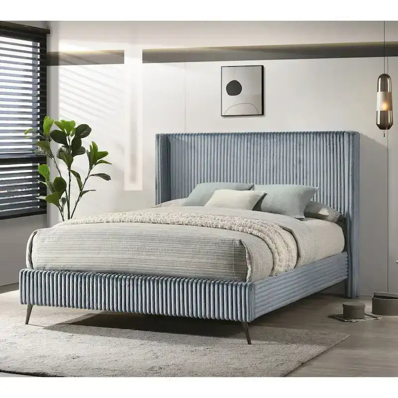 Lit à panneaux rembourrés en velours côtelé à larges côtes Mavela de Roundhill Furniture, avec 2 tables de chevet et un banc, bleu