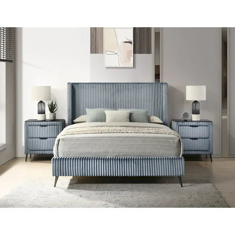 Lit rembourré en velours côtelé à larges côtes Mavela de Roundhill Furniture avec 2 tables de chevet, bleu