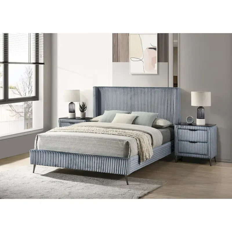 Lit rembourré en velours côtelé à larges côtes Mavela de Roundhill Furniture avec 2 tables de chevet, bleu