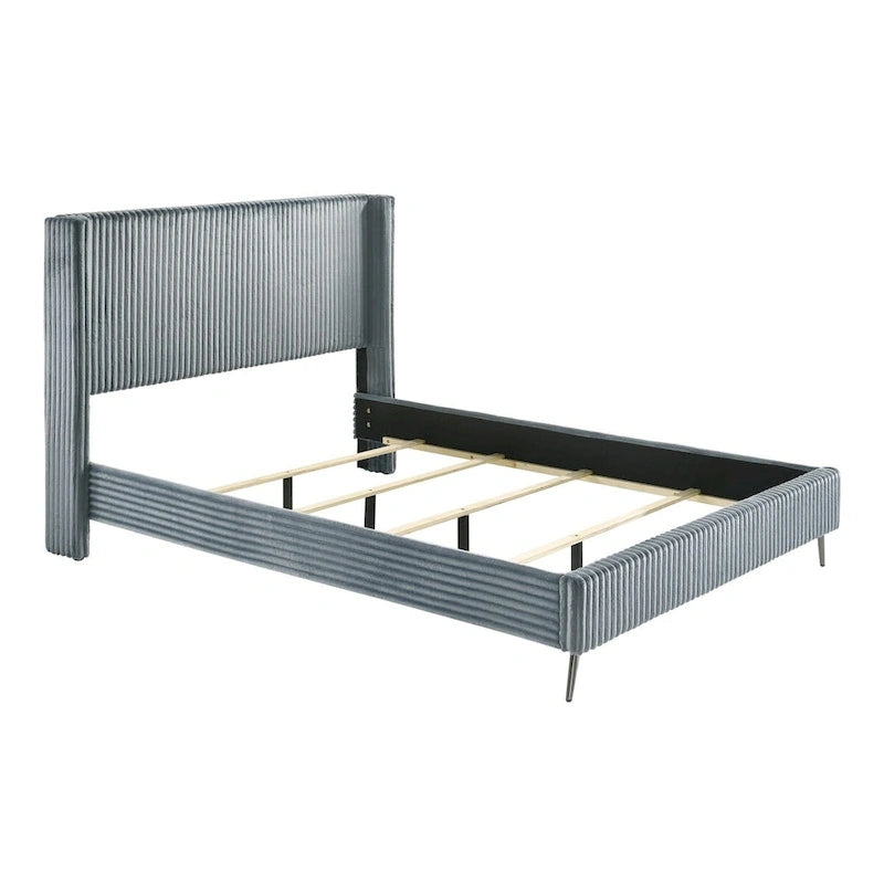 Lit rembourré en velours côtelé à larges côtes Mavela de Roundhill Furniture avec 2 tables de chevet, bleu