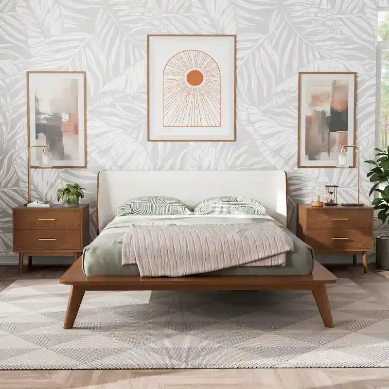 Ensemble de chambre à coucher 3 pièces Beau Midcentury bouclé à oreilles, profil bas, de Furniture of America