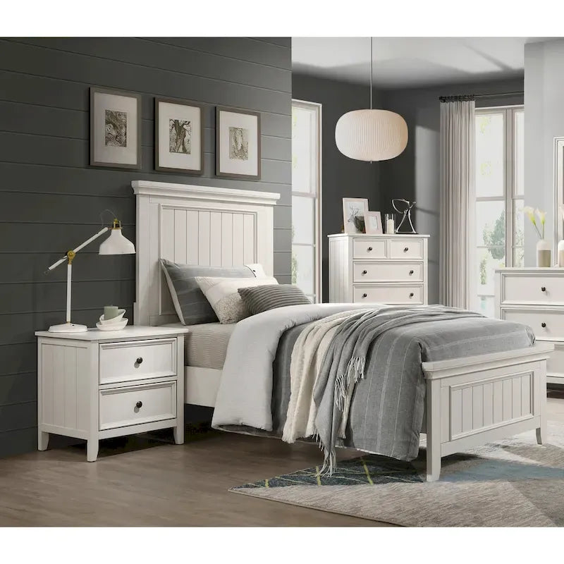 Ensemble de lit, commode et table de chevet 3 pièces classique, finition blanche